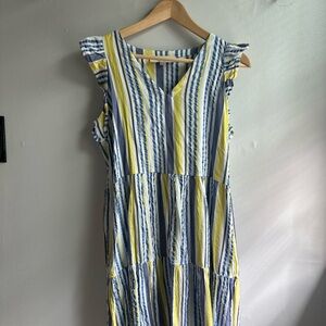 LOFT Blue and Yellow Striped Midi Dress with Pockets